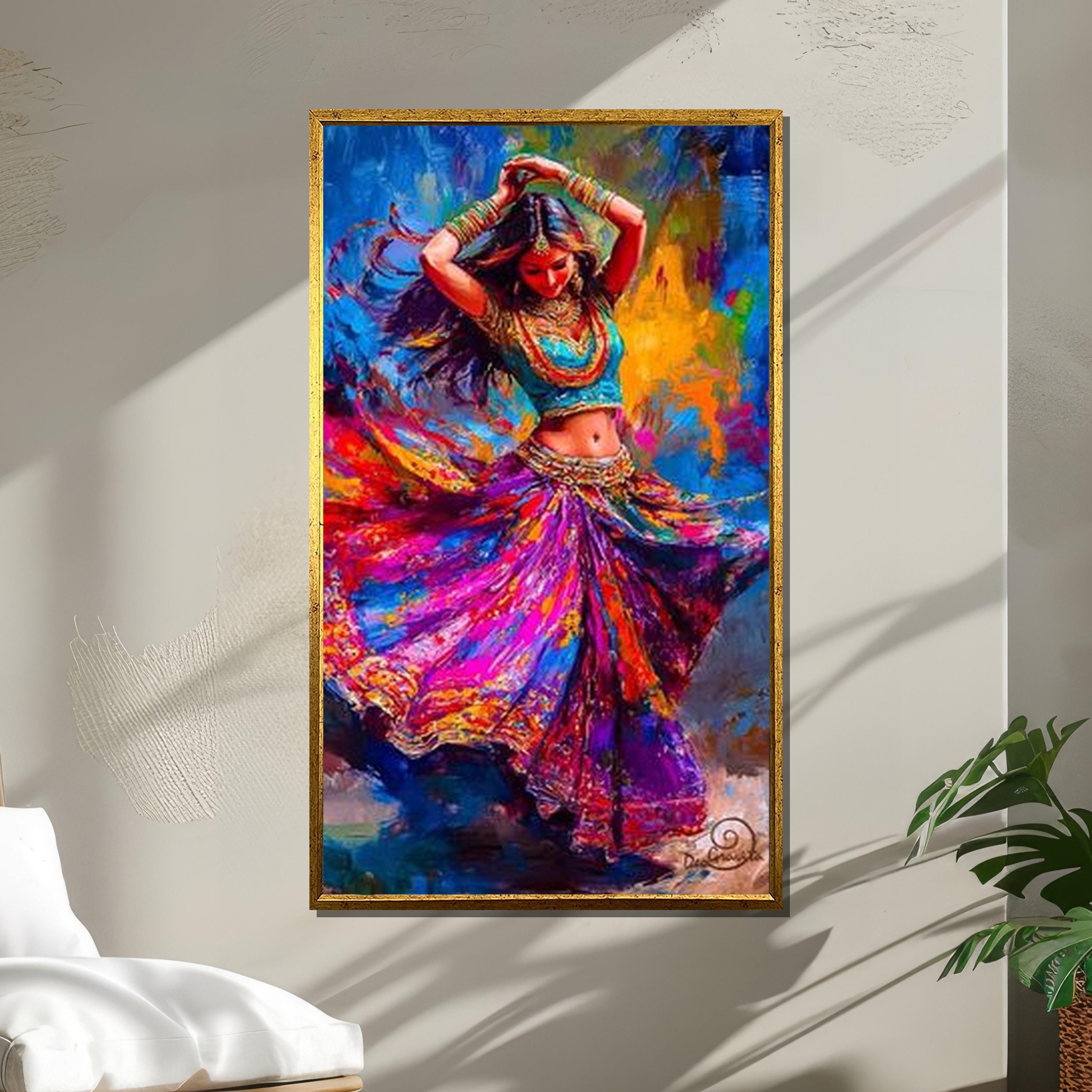 Colorful Indian Dancer Canvas, Vibrant Traditional Dance Wall Art, Abstract Bollywood Style Painting Print, Exotic Movement Artwork