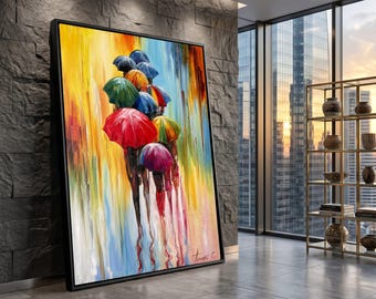 Colorful Umbrellas Canvas Art, Rainy Day People Painting, Ready to Hang