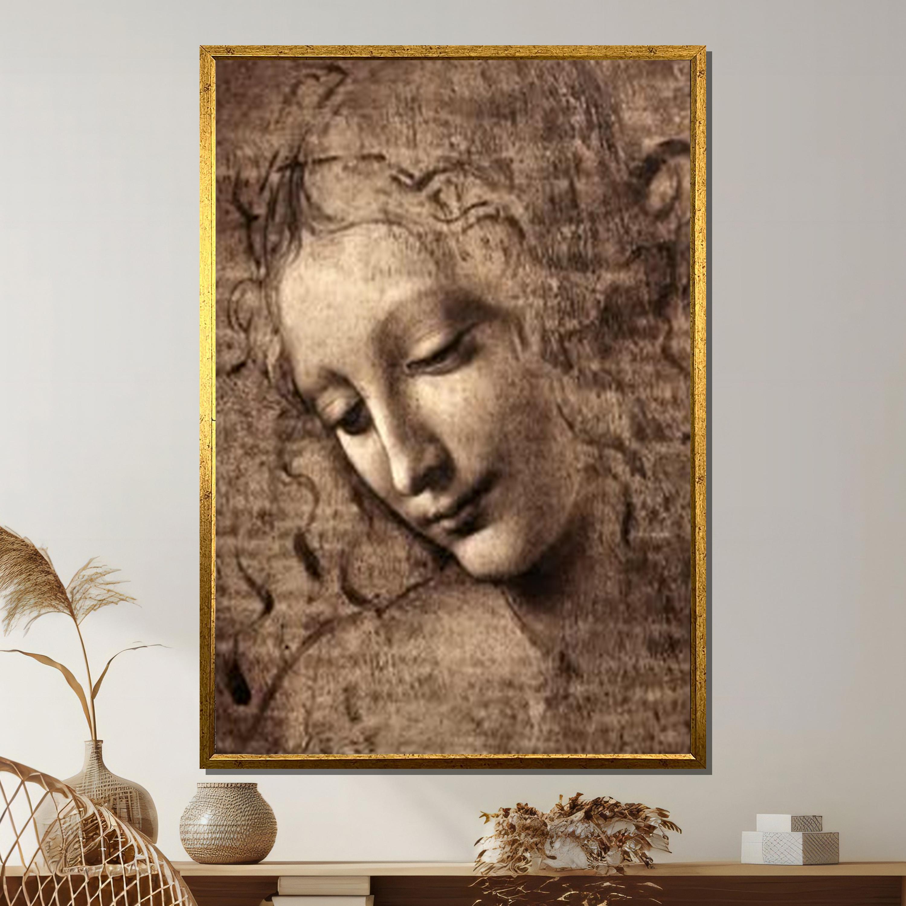 Leonardo da Vinci Female Portrait Canvas, Renaissance Sepia Drawing Print, Classic Old Master Art, Vintage Face Sketch Wall Art