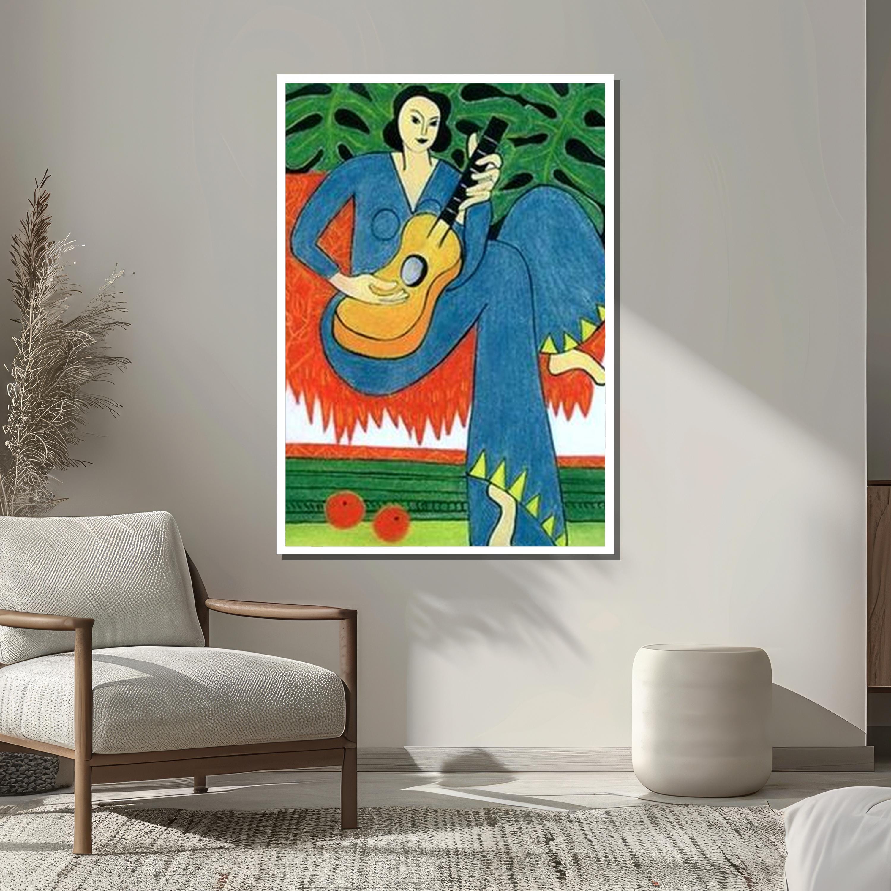 マティス風ギター女性キャンバスプリント：カラフルな抽象アート