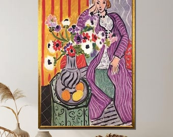 Matisse Inspired Woman Canvas, Bold Color Figurative Art, Fauvism Style Wall Print, Vibrant Interior Scene, Ready to Hang Wall Decor