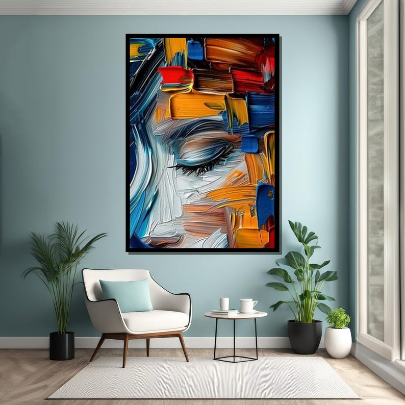 Textured Woman Face Canvas: Abstract Palette Knife Oil Painting Print ...