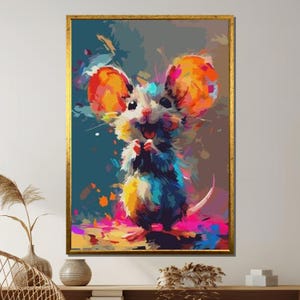 Colorful Mouse Canvas, Cute Abstract Animal Wall Art, Vibrant Baby Mouse Painting Print, Whimsical Cartoon Style Decor