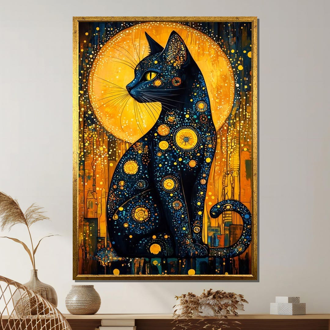 Mystical Black Cat Canvas, Cosmic Cat Under Moon Wall Art, Starry Night ...