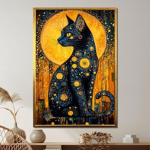 Mystische Schwarze Katze Leinwanddruck: Cosmic Feline Under Moon