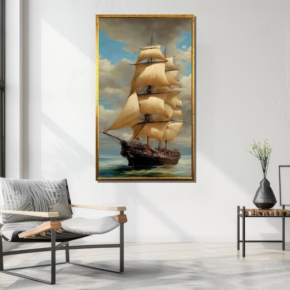 ヴィンテージ大型帆船キャンバスプリント：航海をモチーフにした