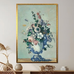 May include: A painting of a blue and white vase filled with pink, white, and purple flowers. The vase is decorated with a blue and white floral pattern. The background is a light blue color.