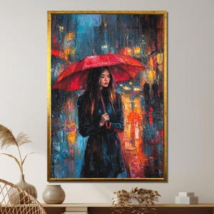 Red Umbrella Girl Canvas, Rainy City Night Wall Art, Emotional Woman Painting Print, Colorful Urban Impressionist Artwork, Wall Art Canvas