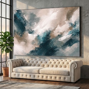 Arte abstracto en lienzo, arte mural con pinceladas en azul y beige, decoración contemporánea para el hogar.