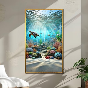 Underwater Coral Reef Canvas, Sea Turtle and Tropical Fish Wall Art, Ocean Marine Life Print, Vibrant Sea Scene Decor, Colorful Aquatic art
