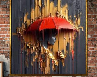 Red Umbrella Abstract Canvas, 3D Effect Wall Art, Dripping Paint Street Style Print, Moody Urban Modern Artwork, Wall Art Canvas Design