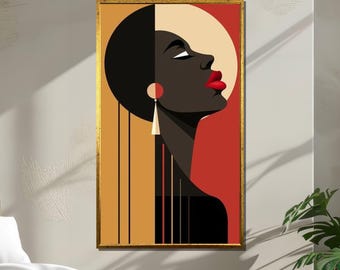 Black Woman Canvas, Afro Modern Art, Red Lips Portrait, Ready to Hang