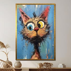Lienzo de gato caprichoso, arte mural abstracto y divertido de gato, impresión de pintura de gatito con textura colorida, decoración moderna con humor animal, enmarcado y listo para colgar.