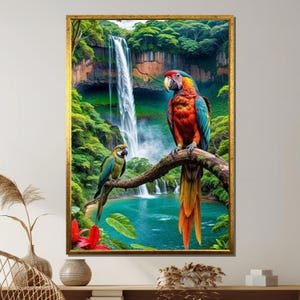 Tropical Parrots Waterfall Canvas, Colorful Macaws Jungle Wall Art, Exotic Bird Nature Print, Lush Rainforest Landscape Painting