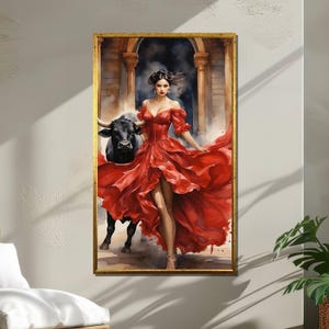 Spanische Flamenco Leinwand: Frau im roten Kleid, Stier