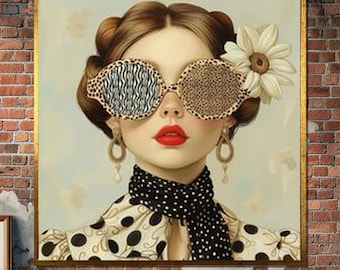 May include: A woman with brown hair and a white flower in her hair is wearing large, round, patterned sunglasses. She is wearing a black and white polka dot dress and a black scarf.