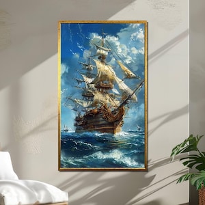 Majestic Tall Ship at Sea Canvas, Nautical Ocean Voyage Wall Art, Vintage Sailing Ship Print, Stormy Maritime Adventure Painting