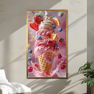 Bunte Eistüte Leinwand, Obst Explosion Dessert Kunstdruck, Wunderliche Süße Leckerei Wandkunst, Erdbeere und Beere Swirl Gemälde