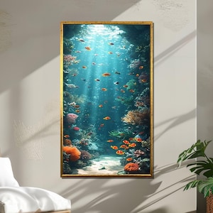 Tela de recife de coral subaquático, arte de parede com cena oceânica tropical, impressão vibrante de vida marinha, arte colorida de peixes e corais, tela de arte de parede