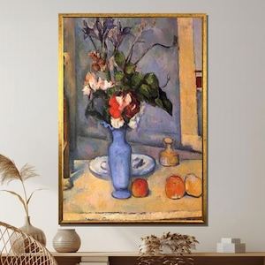 May include: A still life painting of a blue vase filled with flowers, a small bottle, and two apples on a table. The vase is a light blue color and has a white rim. The flowers are a mix of red, pink, and white. The bottle is clear and has a brown stopper. The apples are red and yellow. The painting is set against a light blue background.