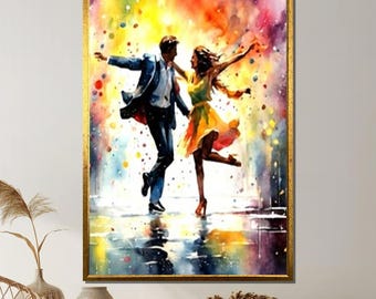 Colorful Dancing Couple Canvas, Joyful Abstract Dance Wall Art, Vibrant Watercolor Motion Painting, Romantic Energetic Partner Print