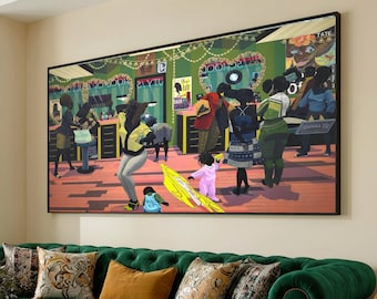 Livlig hårsalongscen på canvas, Kerry James Marshall-stil, afrocentrisk konst