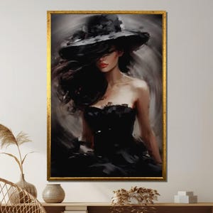 Elegante Frau auf schwarzer Leinwand, mysteriöse Lady Wandkunst, dunkler Glamour Portrait Druck, modische Femme Fatale Kunstwerk, Wand Kunst Leinwand