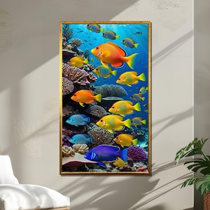 Tela colorida de peixes tropicais, arte de parede vibrante de recifes de corais, impressão de cena subaquática do oceano, pintura de vida marinha, design de tela de arte de parede