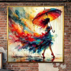Colorful Woman with Umbrella Canvas, Abstract Rainy Day Wall Art, Vibrant Dress and Umbrella Painting, Modern Fantasy Fashion Print