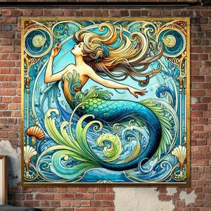 Art Nouveau Mermaid Canvas, Fantasy Ocean Siren Wall Art, Elegant Sea Goddess Print, Decorative Underwater Design, Wall Art Canvas Design