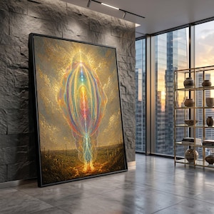 Op de afbeelding: Een groot rechthoekig ingelijst kunstwerk aan de muur met een gloeiende, etherische, veelkleurige abstracte figuur die in een gouden veld staat. De centrale vorm straalt licht uit in tinten geel, oranje, blauw en violet tegen een textuurrijke achtergrond.