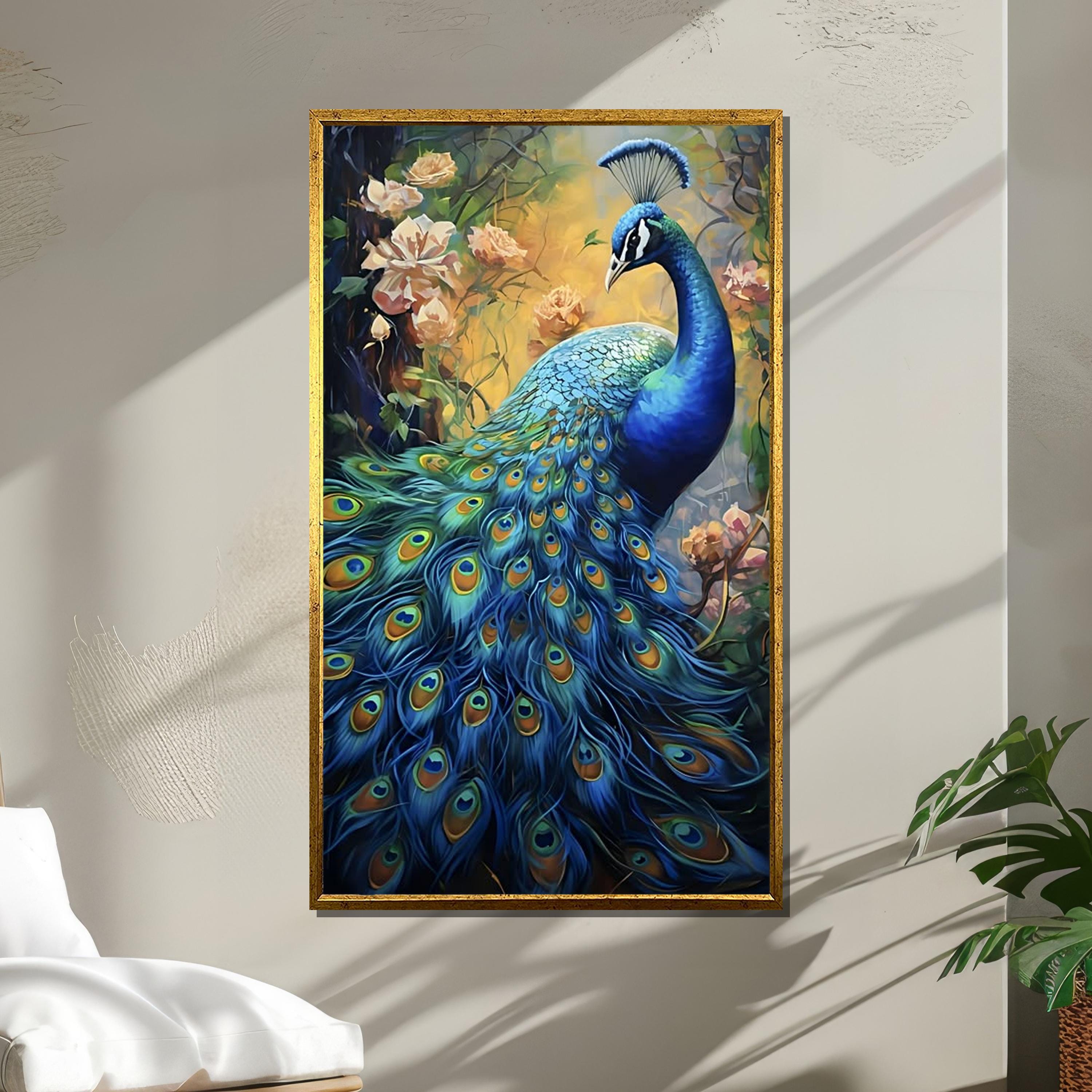 雄大な孔雀のキャンバスプリント：エレガントな花柄の自然壁アート