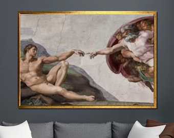 Michelangelo Creation of Adam Canvas, Renaissance Sistine Chapel Wall Art, Iconic Biblical Ceiling Fresco Print, Classical Masterpiece
