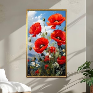 Red Poppy Field Canvas, Vibrant Floral Wall Art, Nature Bloom Painting Print, Summer Wildflower Artwork, Wall Art Canvas Design
