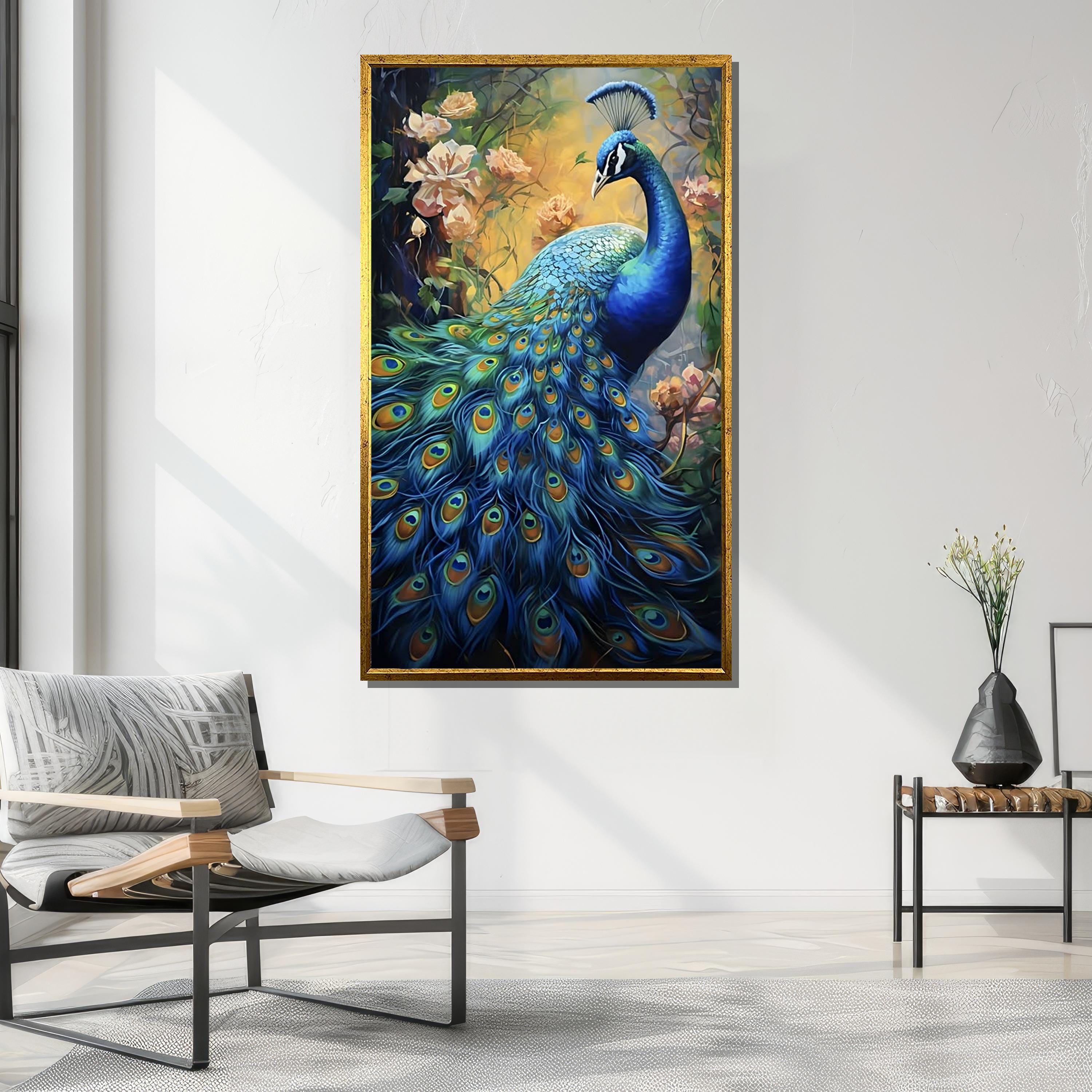 雄大な孔雀のキャンバスプリント：エレガントな花柄の自然壁アート