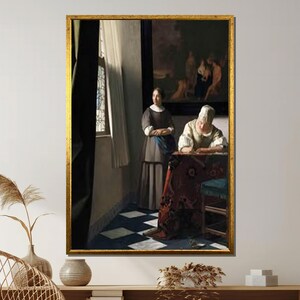 Lienzo de Johannes Vermeer: "La dama escribiendo una carta", arte mural interior de la Edad de Oro holandesa, impresión de pintura barroca clásica, elegante escena histórica