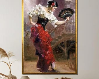 Flamenco Dancer Canvas, Spanish Dance Wall Art, Elegant Woman with Fan Print, Passionate Flamenco Painting, Traditional Spanish Dress Decor