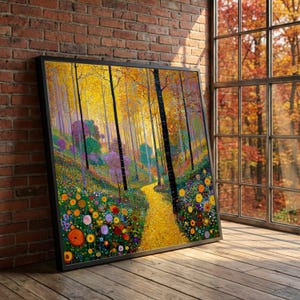 May include: Framed art print depicting a vibrant forest scene. The artwork features a path winding through tall trees with yellow and orange foliage. Colorful flowers dot the foreground, and the piece is set against a brick wall and a window with a view of fall colors.