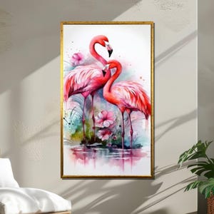 Flamingo Couple Canvas, Pink Flamingo Wall Art, Watercolor Tropical Bird Print, Romantic Animal Scene, Wall Art Canvas Design