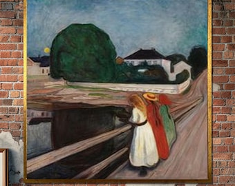 Edvard Munch Girls on the Bridge Canvas, Expressionist Village Scene Print, Emotional Landscape Wall Art, Nordic Nostalgic Decor