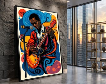 Lienzo con vibrantes guitarristas de jazz, decoración musical de blues