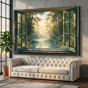 May include: A rectangular wall art piece featuring an open window frame looking out onto a sunlit forest scene with a calm river. The artwork displays green trees, soft golden light rays filtering through the canopy, and white flowers.