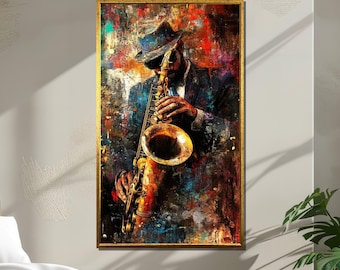 Jazz Saxophone Player Canvas, Colorful Abstract Music Wall Art, Sax Player in Hat Print, Urban Jazz Decor, Bold Musical Expressionist Art