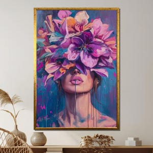 Floral Frau Leinwand: Abstrakte Blumenkrone Porträt, moderne Wandkunst