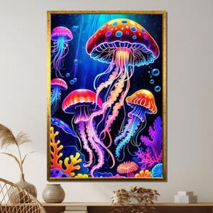 Neon Jellyfish Canvas: Psychedelic Underwater Ocean Art