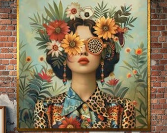 Floral Fashion Woman Canvas, Retro Botanical Portrait Wall Art, Funky Girl with Sunglasses Print, Colorful Jungle Chic Artwork