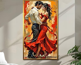 Passionate Flamenco Couple Canvas, Romantic Spanish Dance Wall Art, Red Dress Tango Painting Print, Latin Lovers Embrace Decor