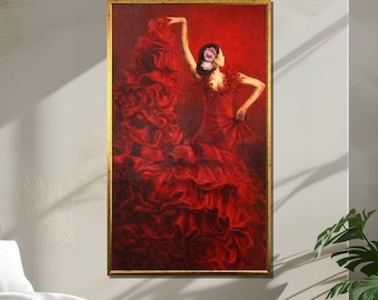 Flamenco Dancer Canvas, Red Dress Spanish Dance Wall Art, Passionate Woman Painting Print, Elegant Dance Movement Art, Wall Art Canvas