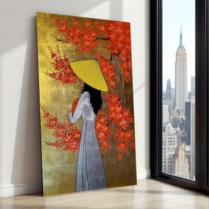 Asian Woman Canvas Art, Ao Dai, Cherry Blossom Wall Decor
