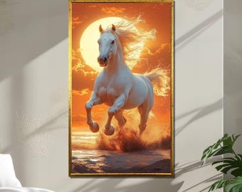 Impresión en lienzo de un caballo blanco al atardecer: Majestuoso semental en la playa